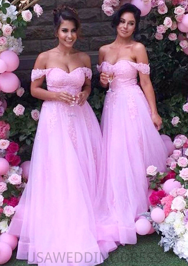 Sleeveless Off-the-Shoulder Long/Floor-Length Tulle A-line/Princess Bridesmaid Dresseses With Lace Jaliyah DSP0025589