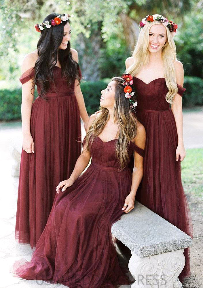 Sleeveless Off-the-Shoulder Long/Floor-Length Tulle A-line/Princess Bridesmaid Dresseses With Pleated Alana DSP0025591