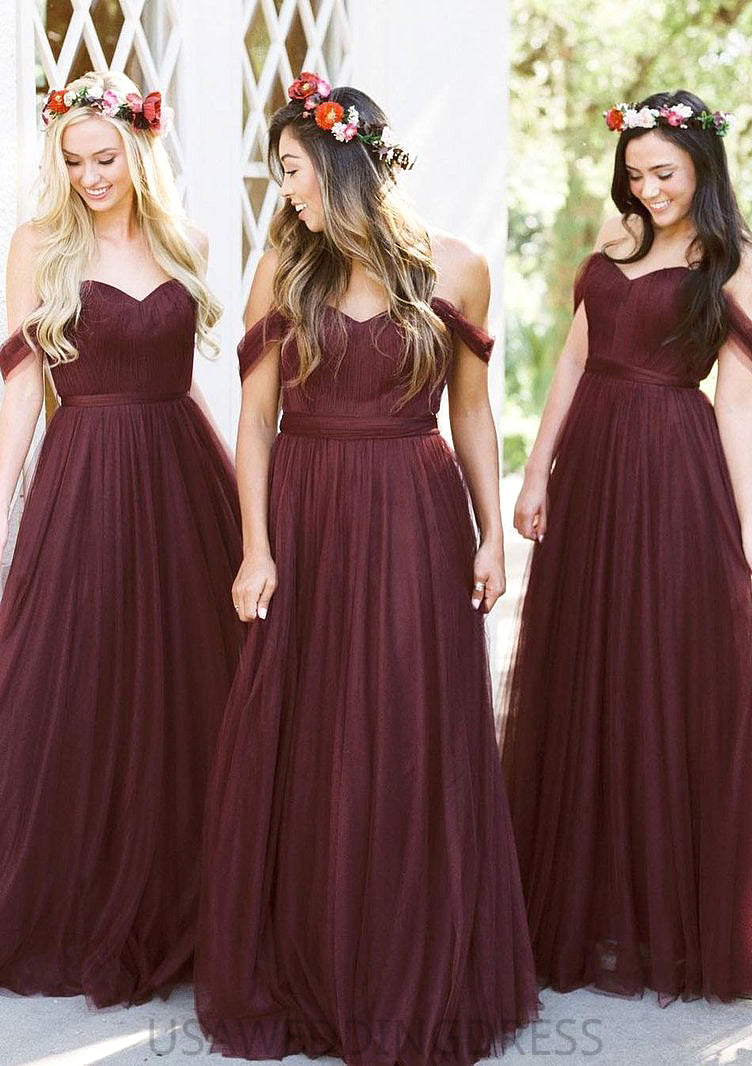 Sleeveless Off-the-Shoulder Long/Floor-Length Tulle A-line/Princess Bridesmaid Dresseses With Pleated Alana DSP0025591