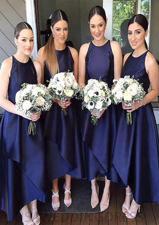 Scoop Neck Sleeveless Asymmetrical A-line/Princess Satin Bridesmaid Dresseses With Pleated Harmony DSP0025599