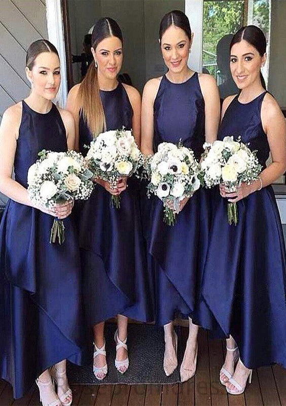 Scoop Neck Sleeveless Asymmetrical A-line/Princess Satin Bridesmaid Dresseses With Pleated Nathalie SRSP0025599