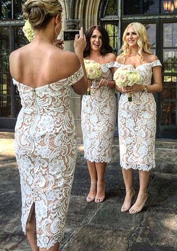 Sheath/Column Off-the-Shoulder Tea-Length Sheath/Column Lace Bridesmaid Dresseses With Split Lizbeth SRSP0025601