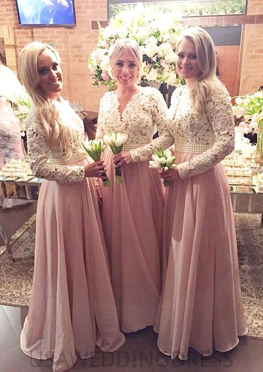 Full/Long Sleeve Scalloped Neck A-line/Princess Chiffon Long/Floor-Length Bridesmaid Dresseses With Beading Lace Pauline DSP0025602