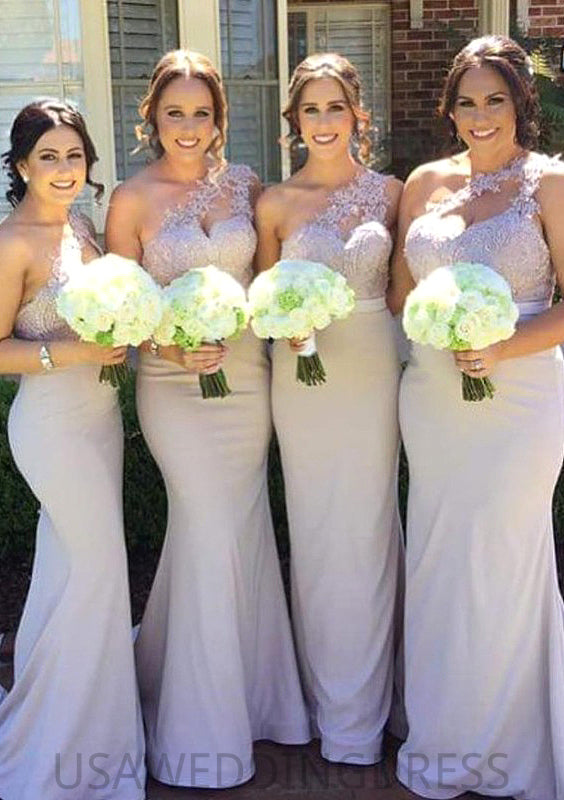 Sleeveless One-Shoulder Long/Floor-Length Trumpet/Mermaid Elastic Satin Bridesmaid Dresseses With Lace Toni DSP0025605