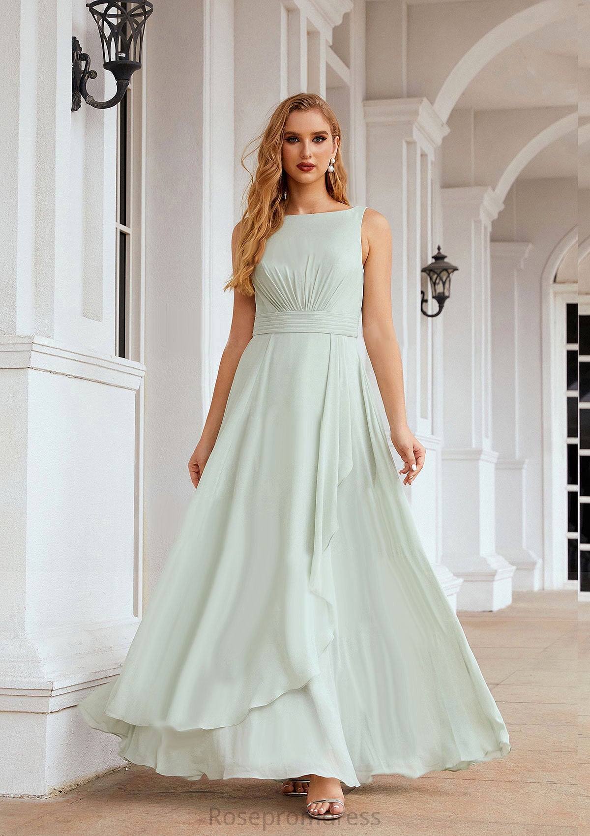 A-line Bateau Sleeveless Chiffon Long/Floor-Length Bridesmaid Dresses Ruffles Pleated Elvira SRSP0025608