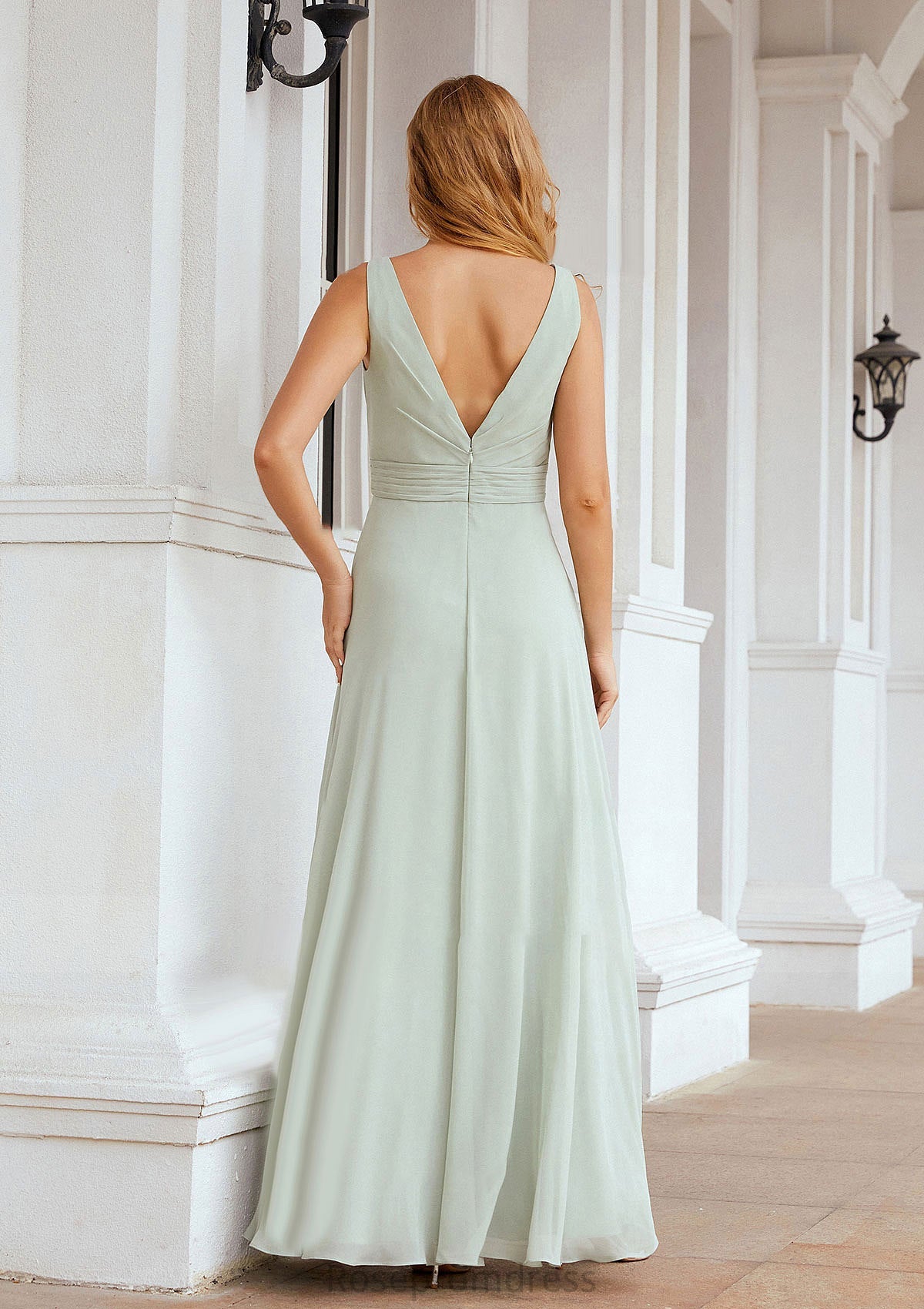 A-line Bateau Sleeveless Chiffon Long/Floor-Length Bridesmaid Dresses Ruffles Pleated Elvira SRSP0025608