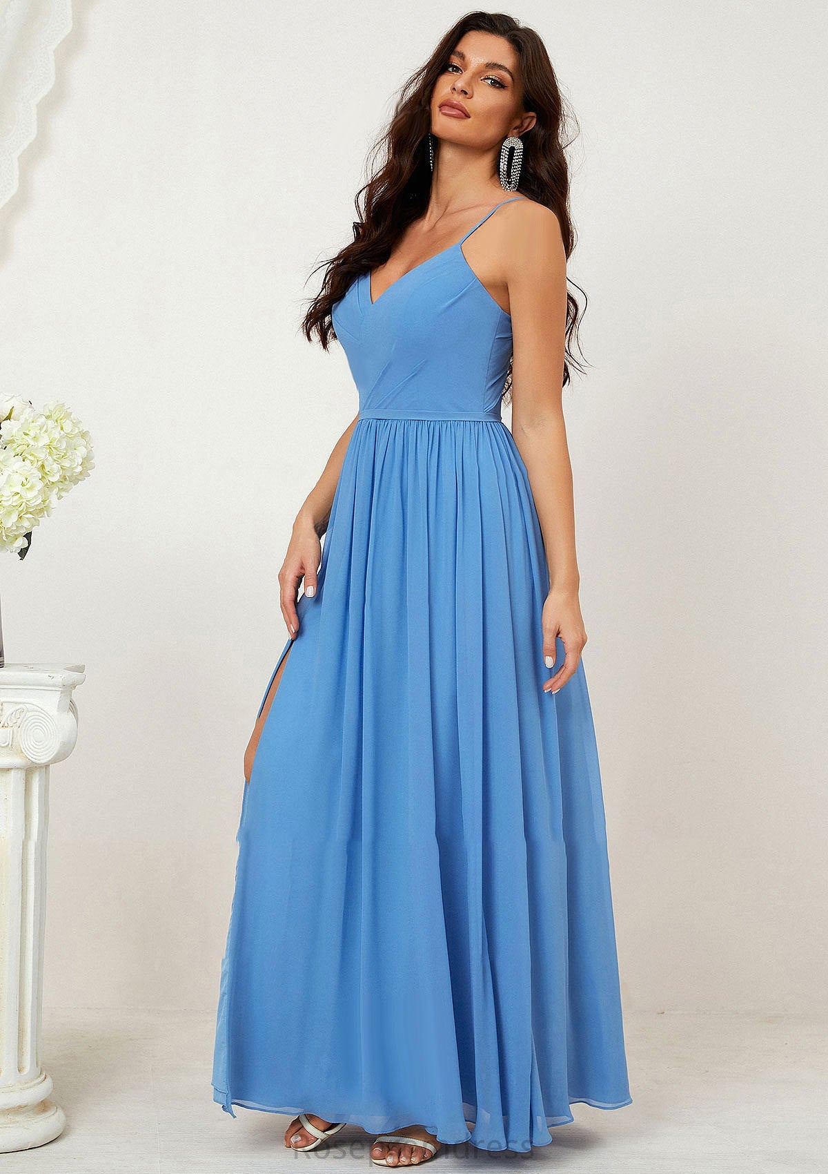 A-line V Neck Sleeveless Chiffon Long/Floor-Length Bridesmaid Dresses With Pleated Split Joselyn SRSP0025609