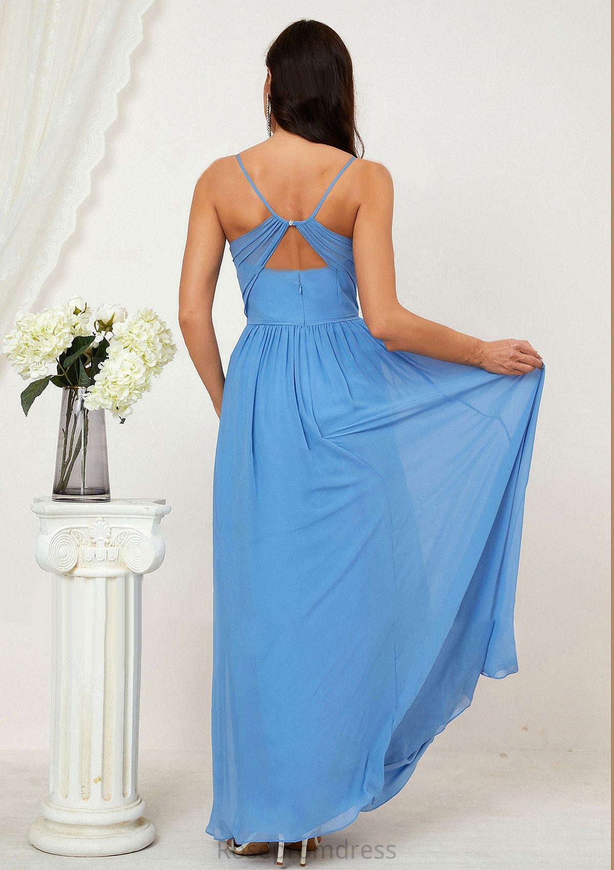 A-line V Neck Sleeveless Chiffon Long/Floor-Length Bridesmaid Dresses With Pleated Split Joselyn SRSP0025609