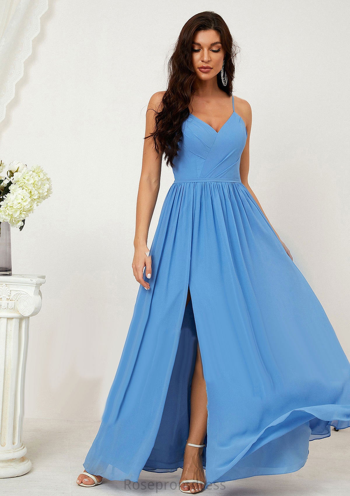 A-line V Neck Sleeveless Chiffon Long/Floor-Length Bridesmaid Dresses With Pleated Split Joselyn SRSP0025609