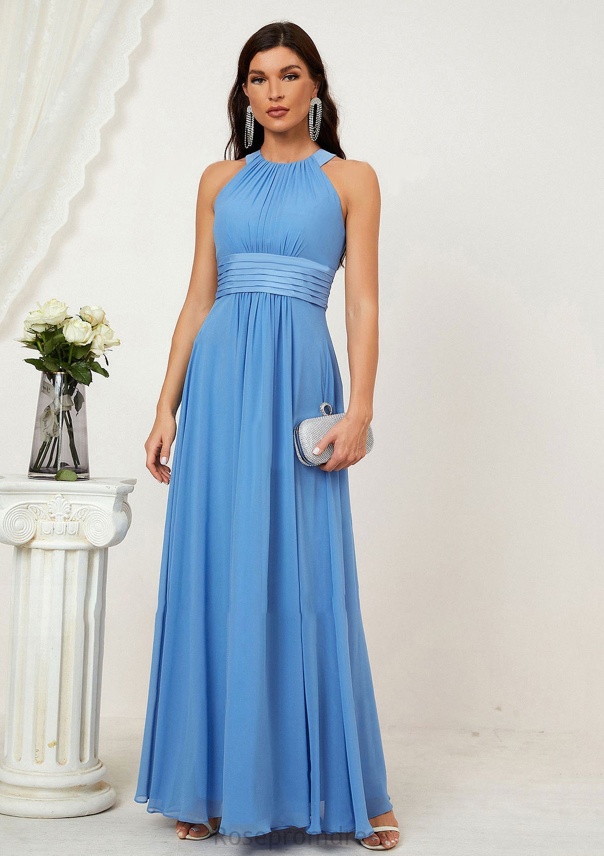 A-line Halter Sleeveless Chiffon Long/Floor-Length Bridesmaid Dresses With Pleated Gemma SRSP0025610