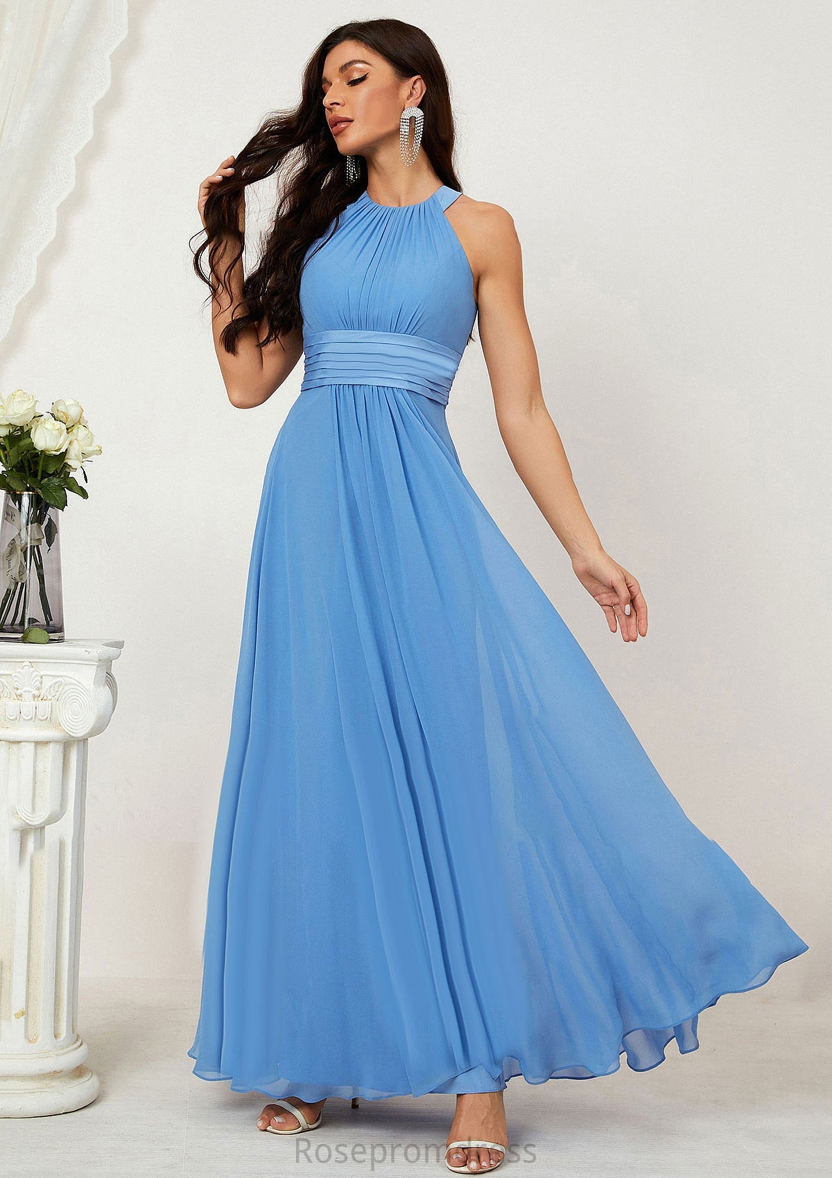 A-line Halter Sleeveless Chiffon Long/Floor-Length Bridesmaid Dresses With Pleated Gemma SRSP0025610