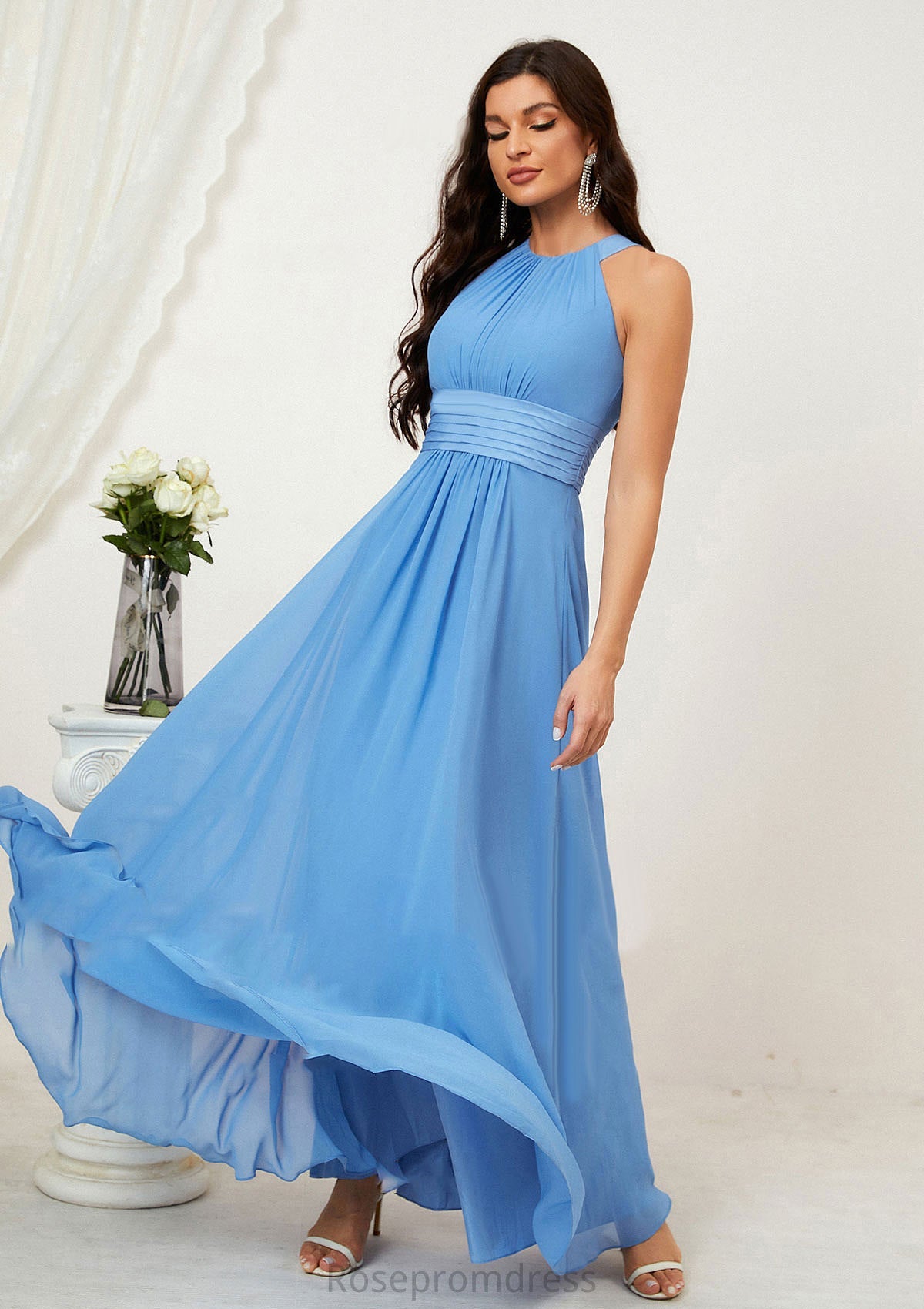 A-line Halter Sleeveless Chiffon Long/Floor-Length Bridesmaid Dresses With Pleated Gemma SRSP0025610