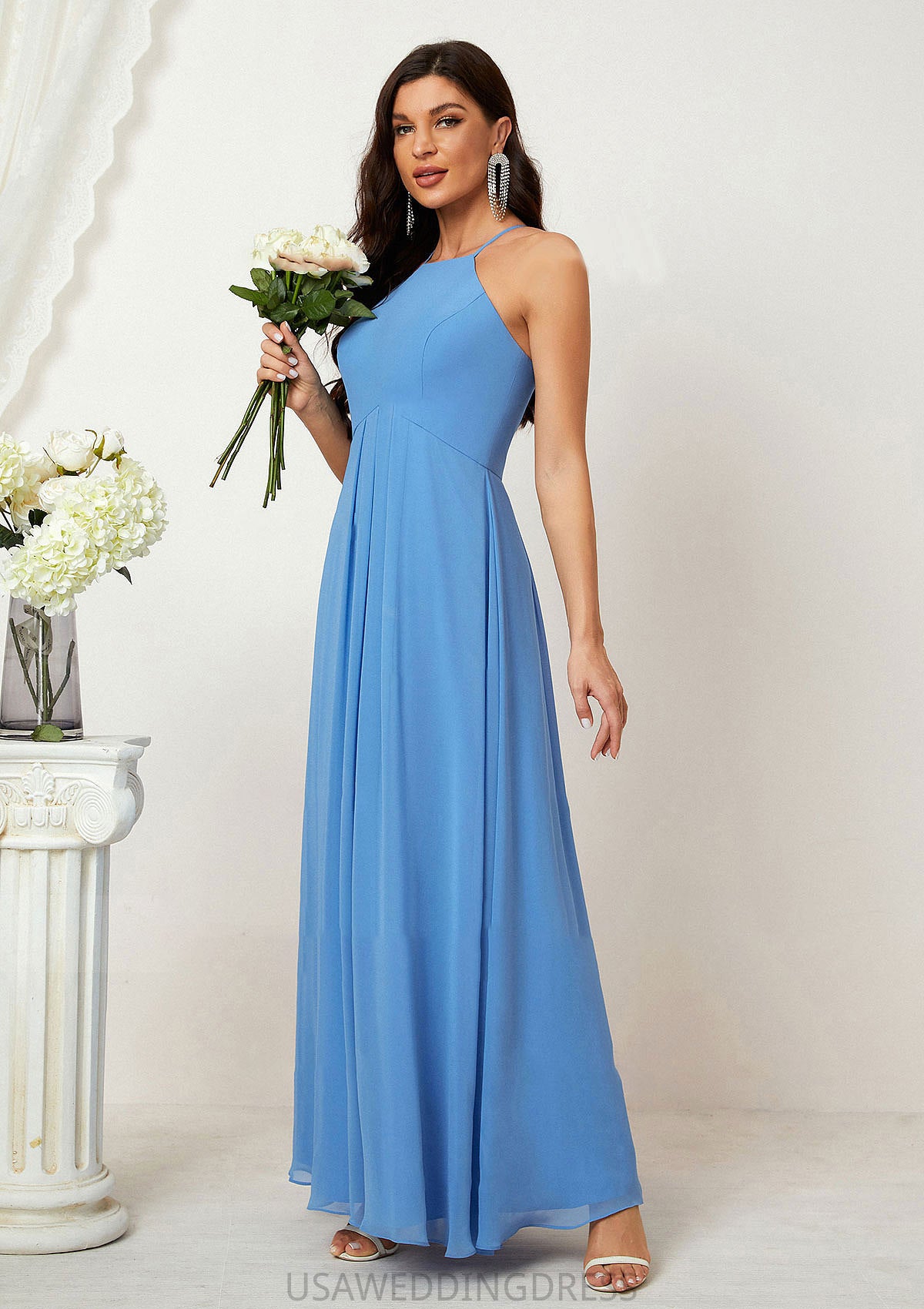 A-line Empire Halter Sleeveless Chiffon Long/Floor-Length Bridesmaid Dresses With Ruffles Florence DSP0025611