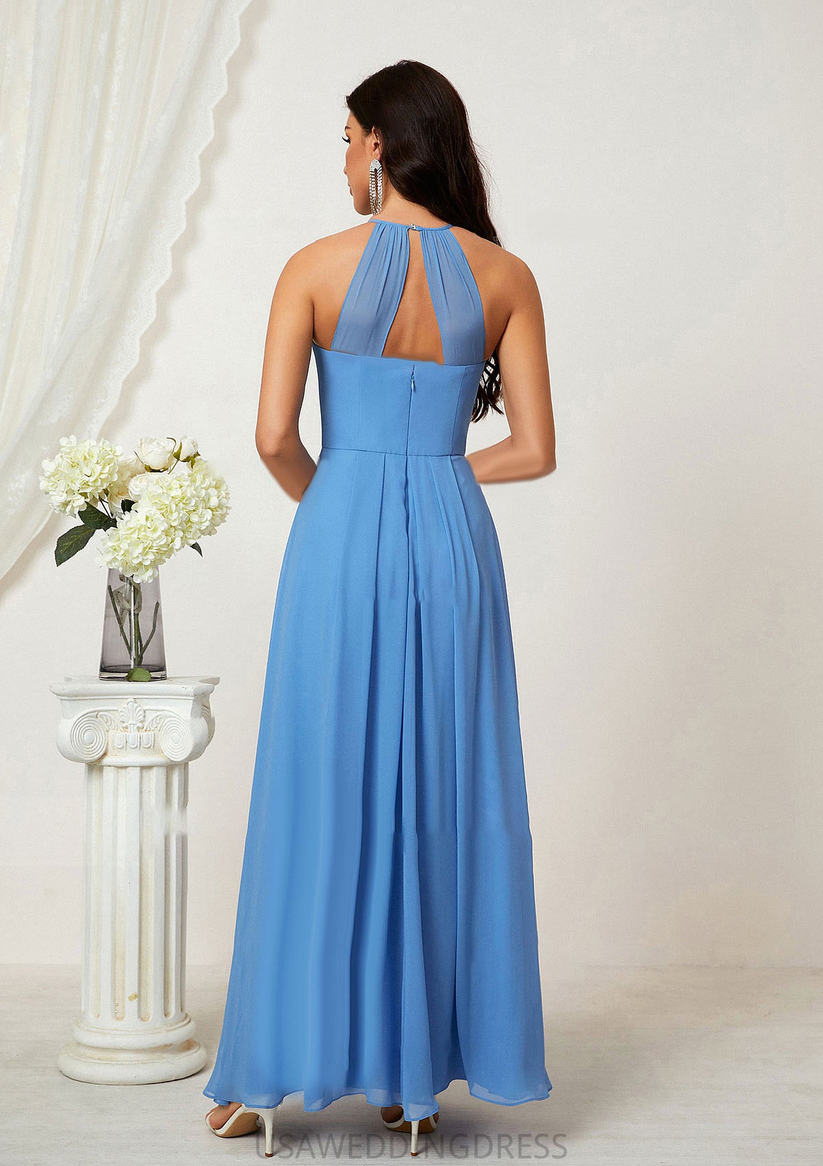 A-line Empire Halter Sleeveless Chiffon Long/Floor-Length Bridesmaid Dresses With Ruffles Florence DSP0025611