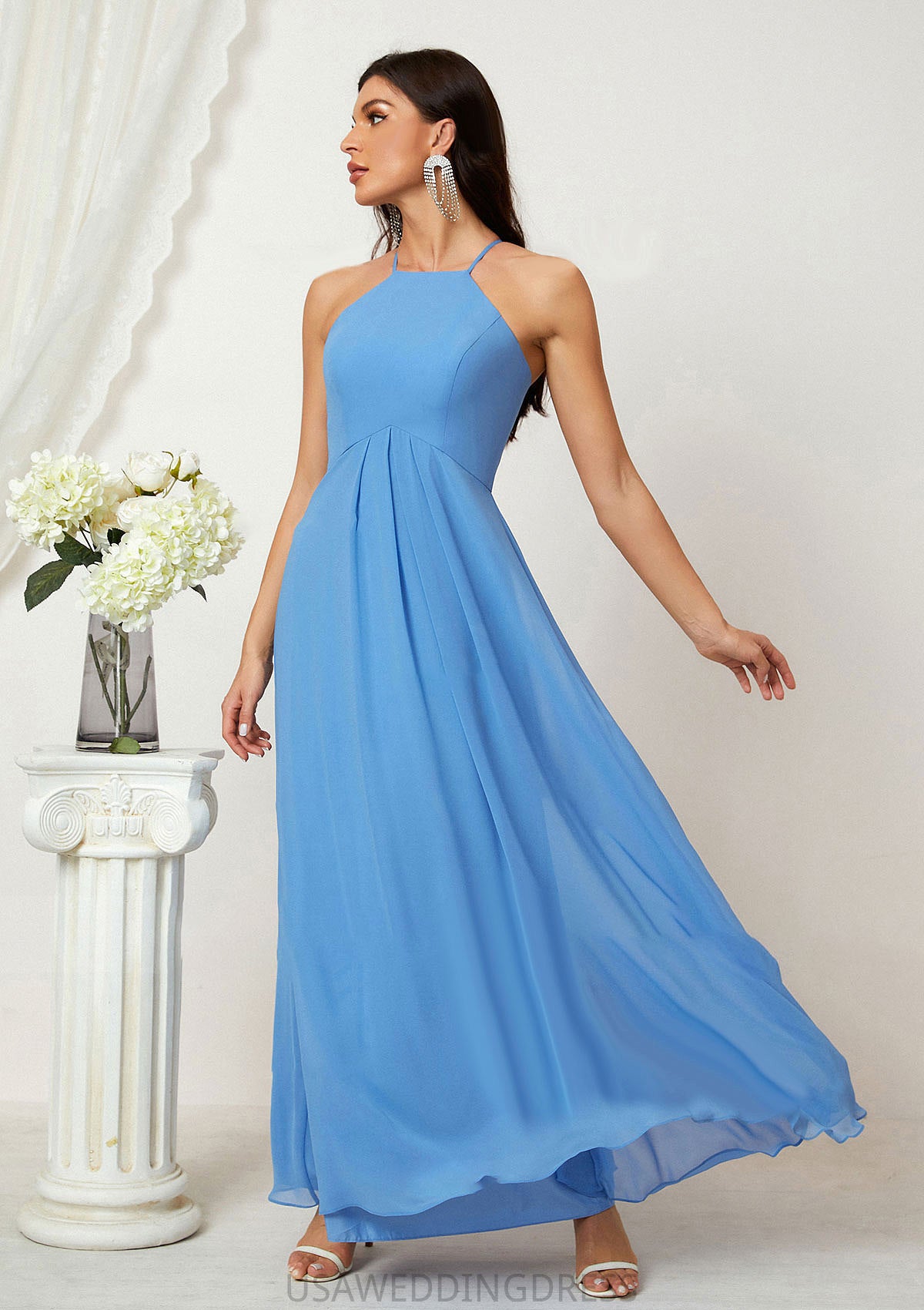 A-line Empire Halter Sleeveless Chiffon Long/Floor-Length Bridesmaid Dresses With Ruffles Florence DSP0025611