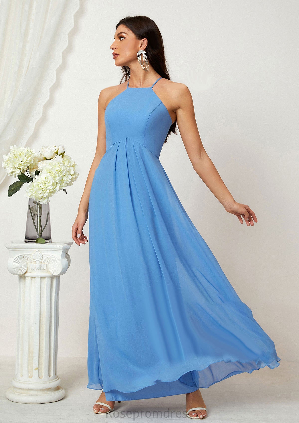 A-line Empire Halter Sleeveless Chiffon Long/Floor-Length Bridesmaid Dresses With Ruffles Alexia SRSP0025611