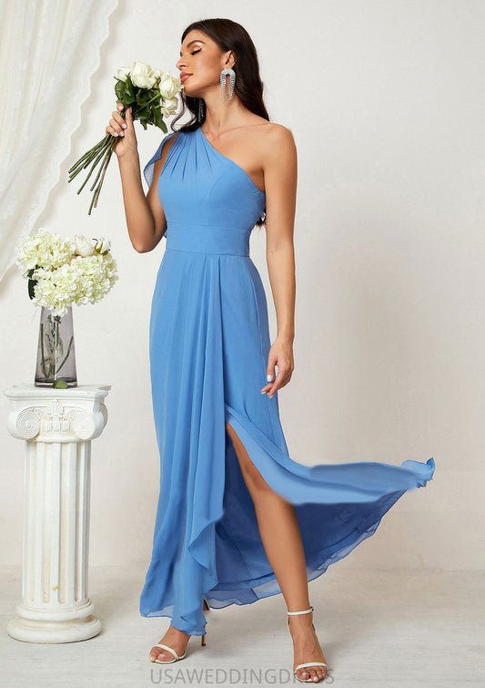 A-line One-Shoulder Sleeveless Chiffon Long/Floor-Length Bridesmaid Dresses With Pleated Split Makena DSP0025613