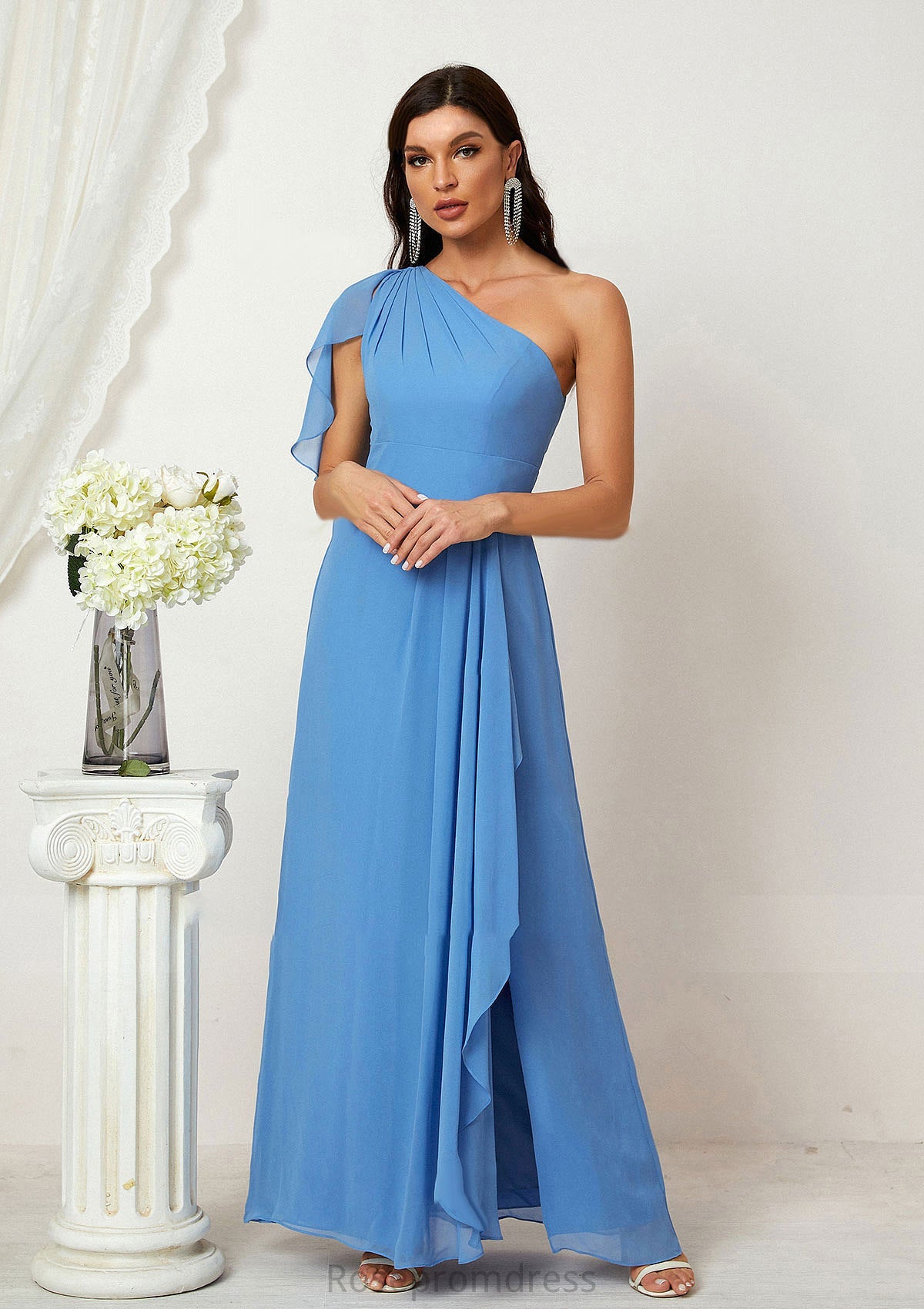 A-line One-Shoulder Sleeveless Chiffon Long/Floor-Length Bridesmaid Dresses With Pleated Split Cherish SRSP0025613