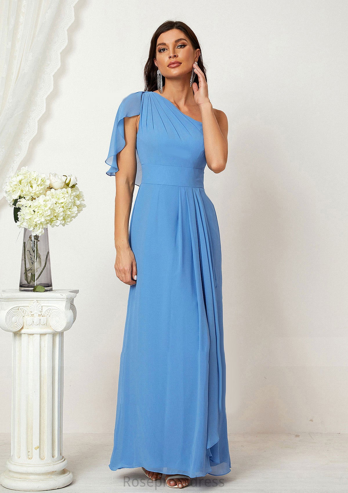 A-line One-Shoulder Sleeveless Chiffon Long/Floor-Length Bridesmaid Dresses With Pleated Split Cherish SRSP0025613