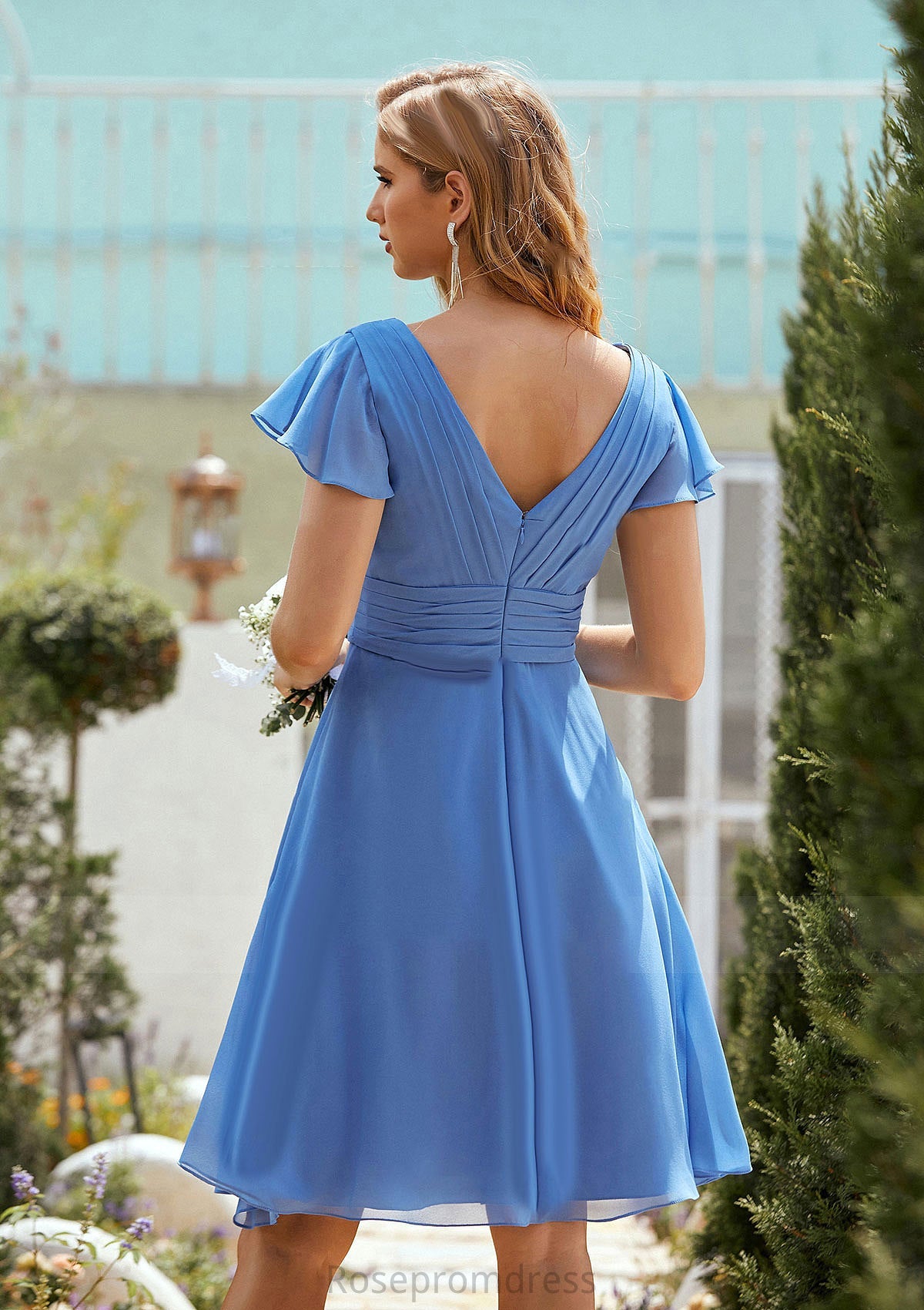 A-line V Neck Short Sleeve Chiffon Short/Mini Bridesmaid Dresses With Pleated Renata SRSP0025614