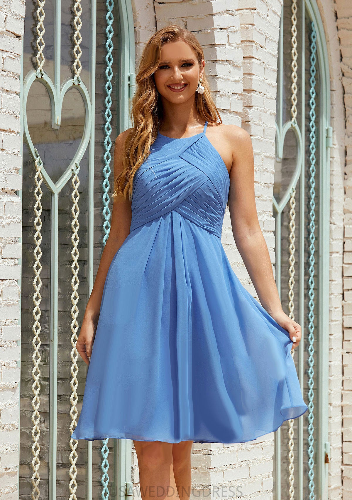 Empire A-line Halter Chiffon Short/Mini Bridesmaid Dresses With Pleated Julie DSP0025615