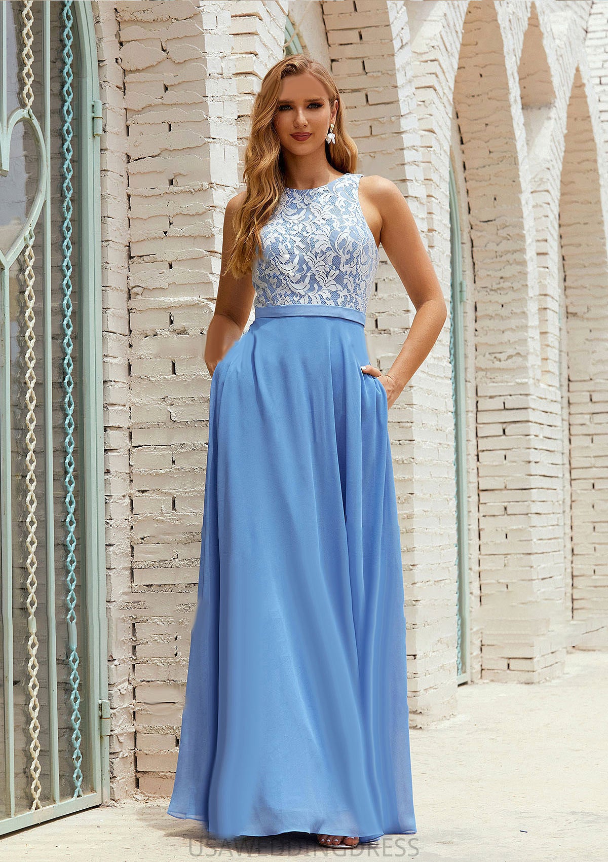 A-line Scoop Neck Sleeveless Chiffon Long/Floor-Length Bridesmaid Dresses With Pockets Lace Alma DSP0025616