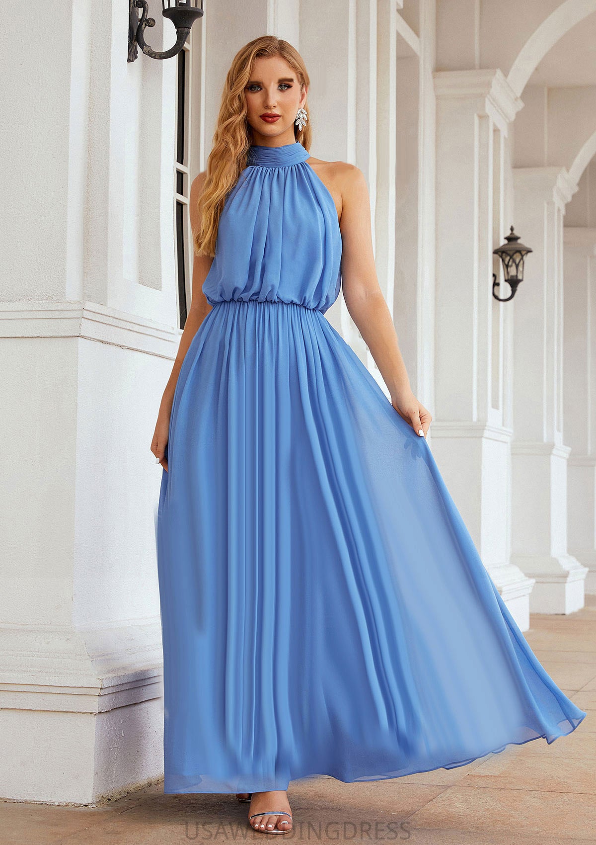 A-line Empire High-Neck Sleeveless Chiffon Long/Floor-Length Bridesmaid Dresses With Pleated Wendy DSP0025619