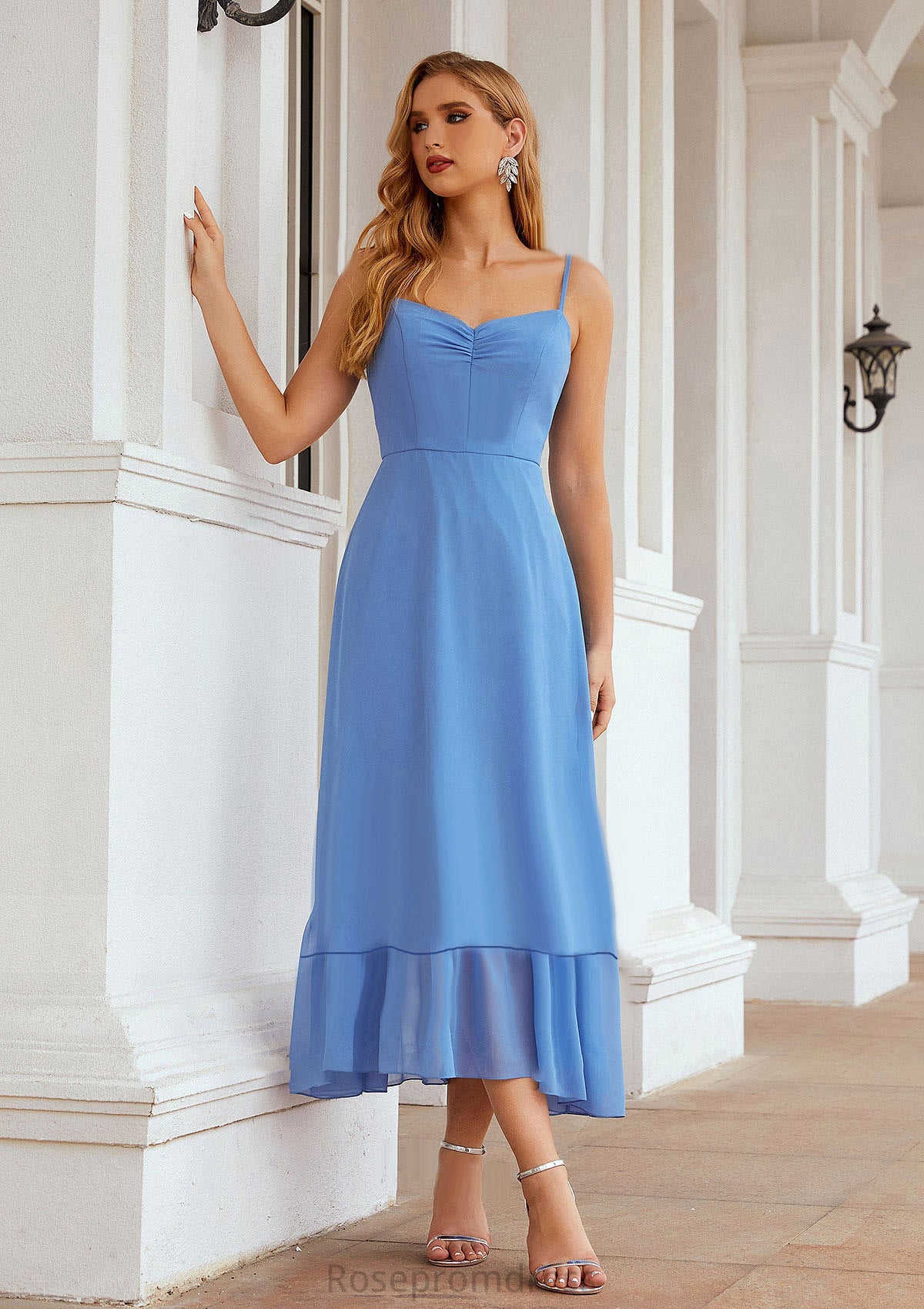 A-line Sweetheart Sleeveless Chiffon Tea-Length Bridesmaid Dresses With Pleated Keyla SRSP0025620