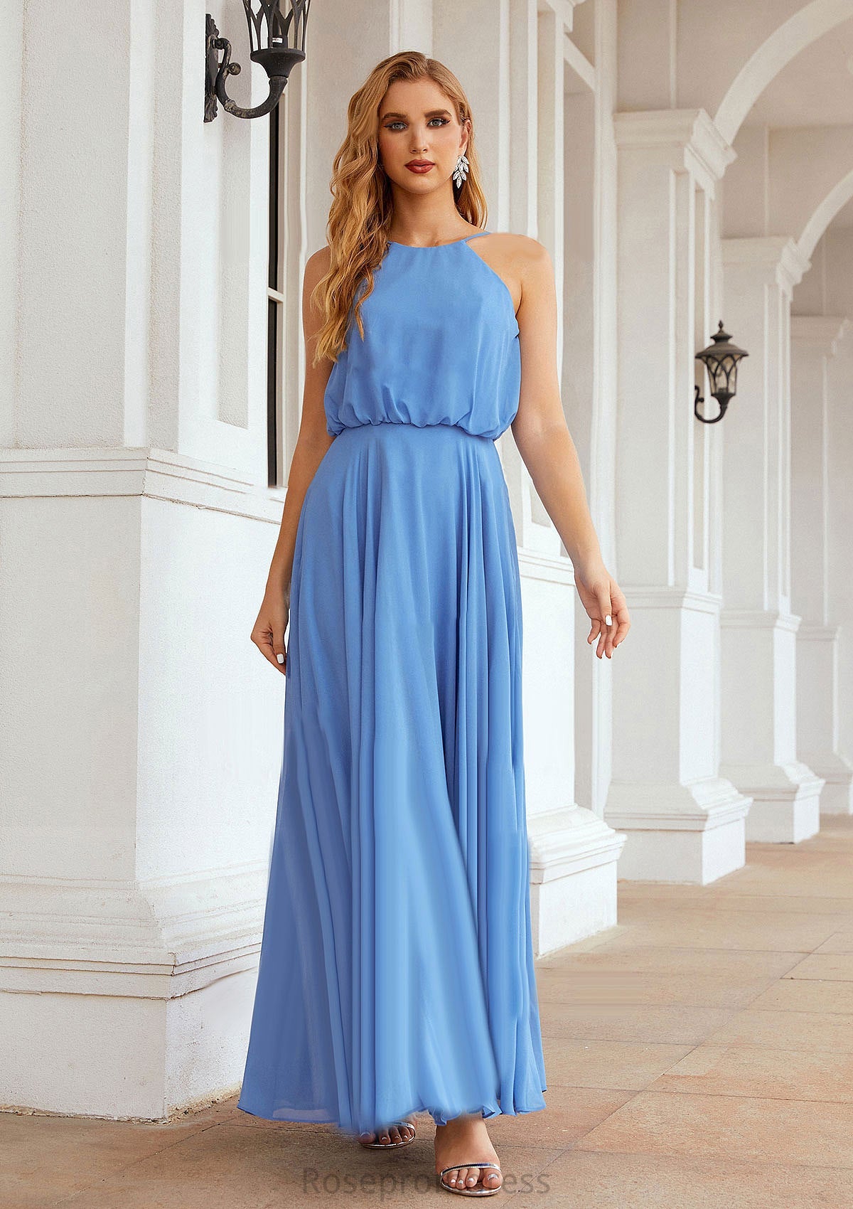 A-line Halter Sleeveless Chiffon Long/Floor-Length Bridesmaid Dresses With Pleated Susie SRSP0025621