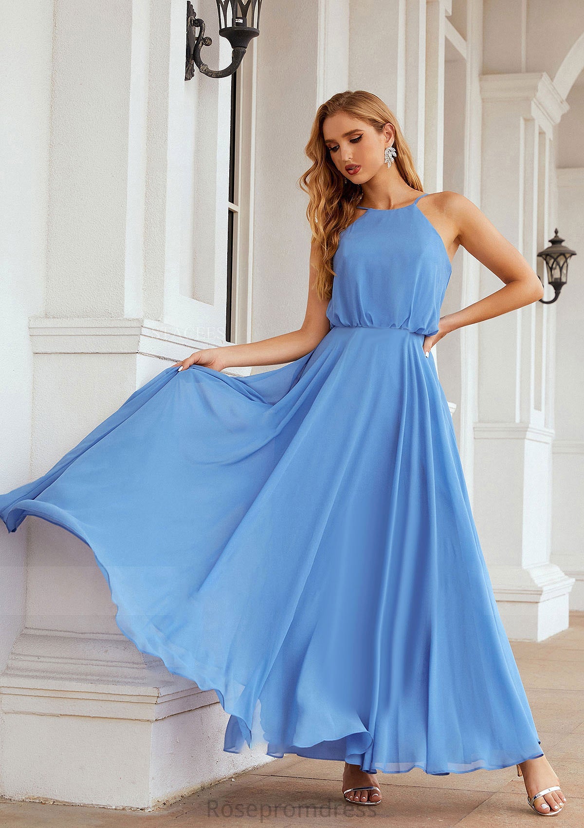 A-line Halter Sleeveless Chiffon Long/Floor-Length Bridesmaid Dresses With Pleated Susie SRSP0025621