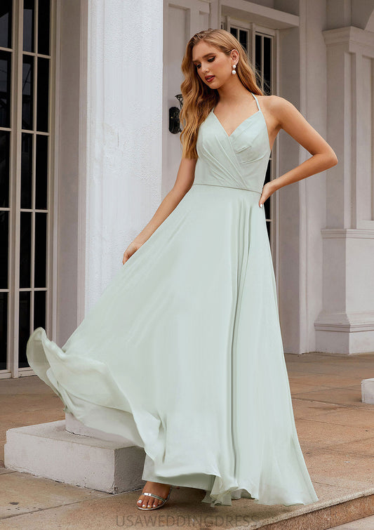 A-line Halter Sleeveless Chiffon Long/Floor-Length Bridesmaid Dresses With Pleated Ruffles Ryann DSP0025623