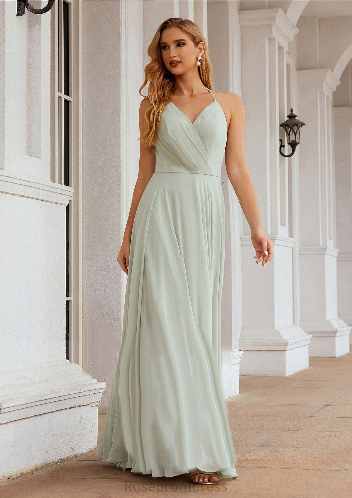 A-line Halter Sleeveless Chiffon Long/Floor-Length Bridesmaid Dresses With Pleated Ruffles Maud SRSP0025623