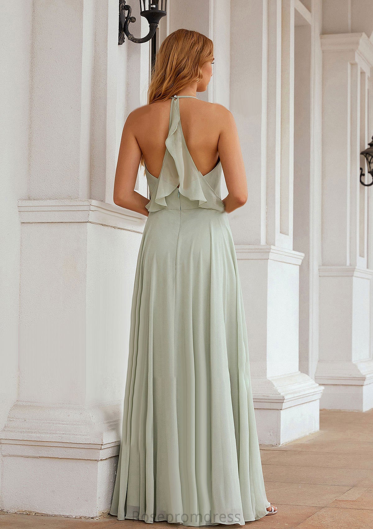 A-line Halter Sleeveless Chiffon Long/Floor-Length Bridesmaid Dresses With Pleated Ruffles Maud SRSP0025623