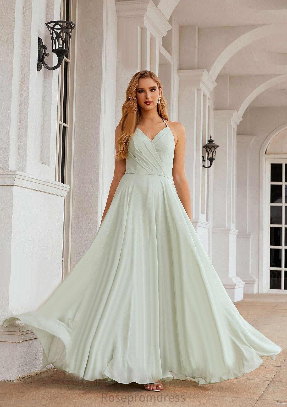 A-line Halter Sleeveless Chiffon Long/Floor-Length Bridesmaid Dresses With Pleated Ruffles Maud SRSP0025623