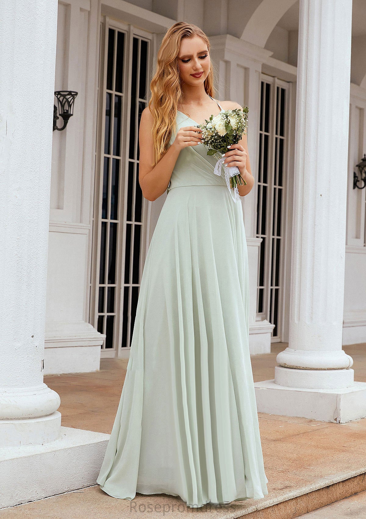 A-line Halter Sleeveless Chiffon Long/Floor-Length Bridesmaid Dresses With Pleated Ruffles Maud SRSP0025623