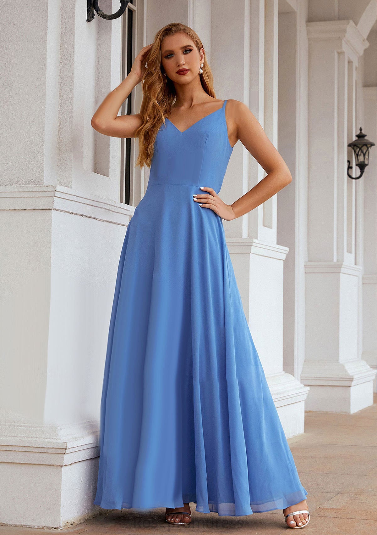 A-line Empire V Neck Long/Floor-Length Chiffon Bridesmaid Dresses With Pleated Rhoda SRSP0025624