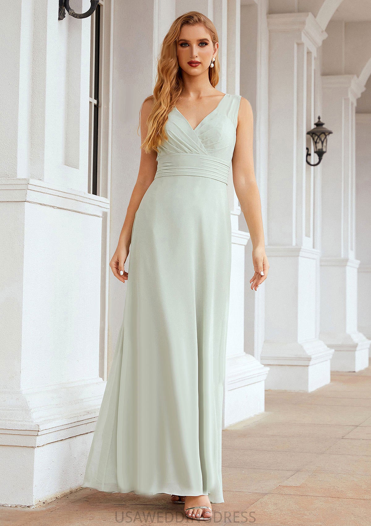 A-line V Neck Long/Floor-Length Chiffon Bridesmaid Dresses With Pleated Krystal DSP0025625