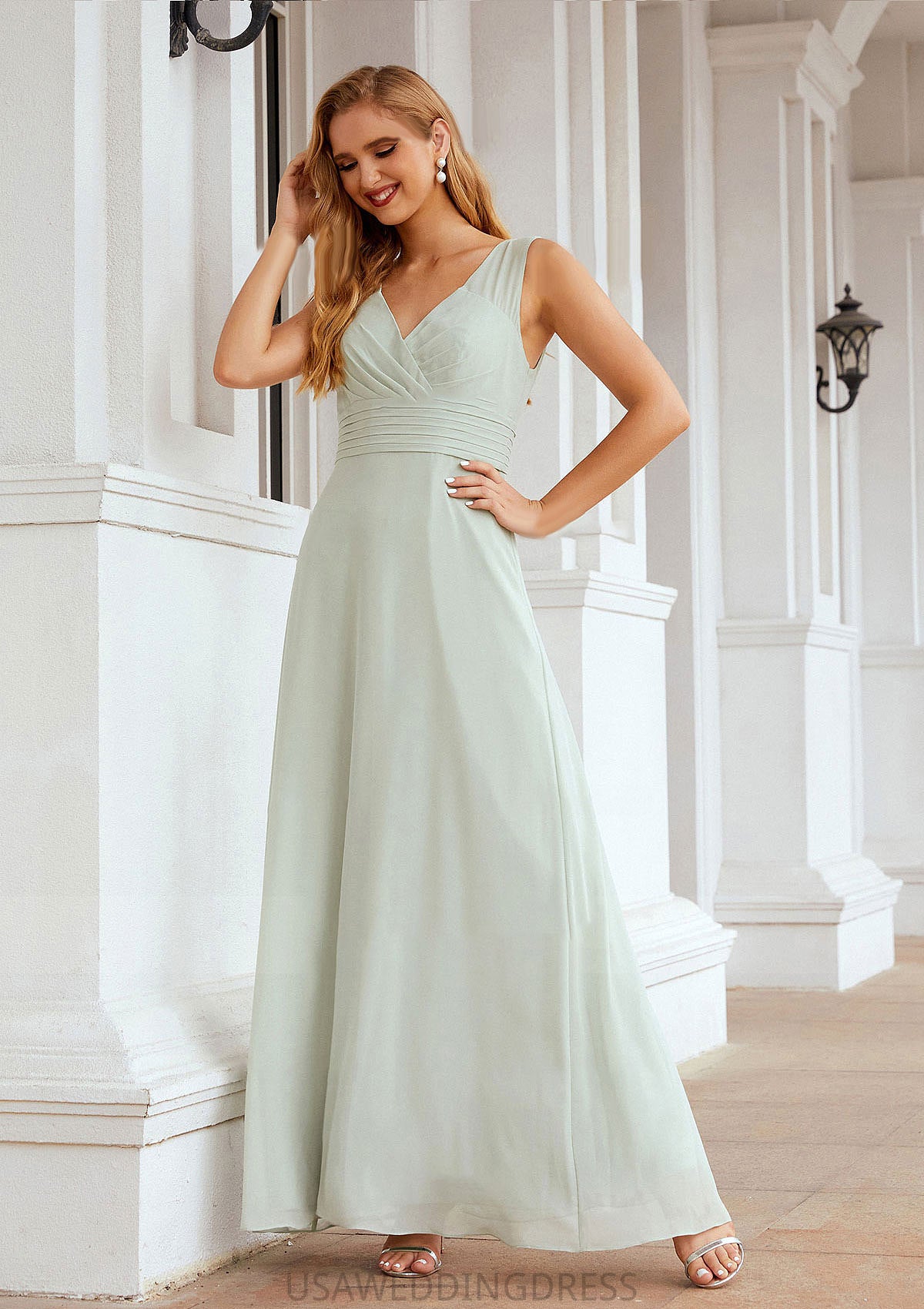 A-line V Neck Long/Floor-Length Chiffon Bridesmaid Dresses With Pleated Krystal DSP0025625