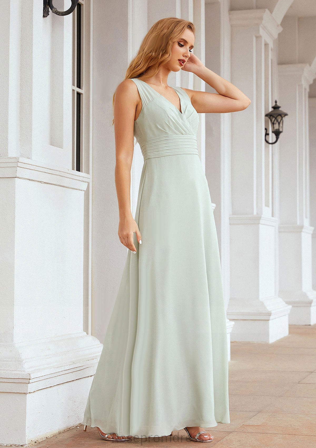 A-line V Neck Long/Floor-Length Chiffon Bridesmaid Dresses With Pleated Jocelyn SRSP0025625