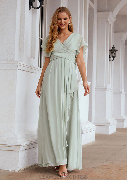 A-line V Neck Short Sleeve Chiffon Long/Floor-Length Bridesmaid Dresses With Pleated Ruffles Joselyn DSP0025626