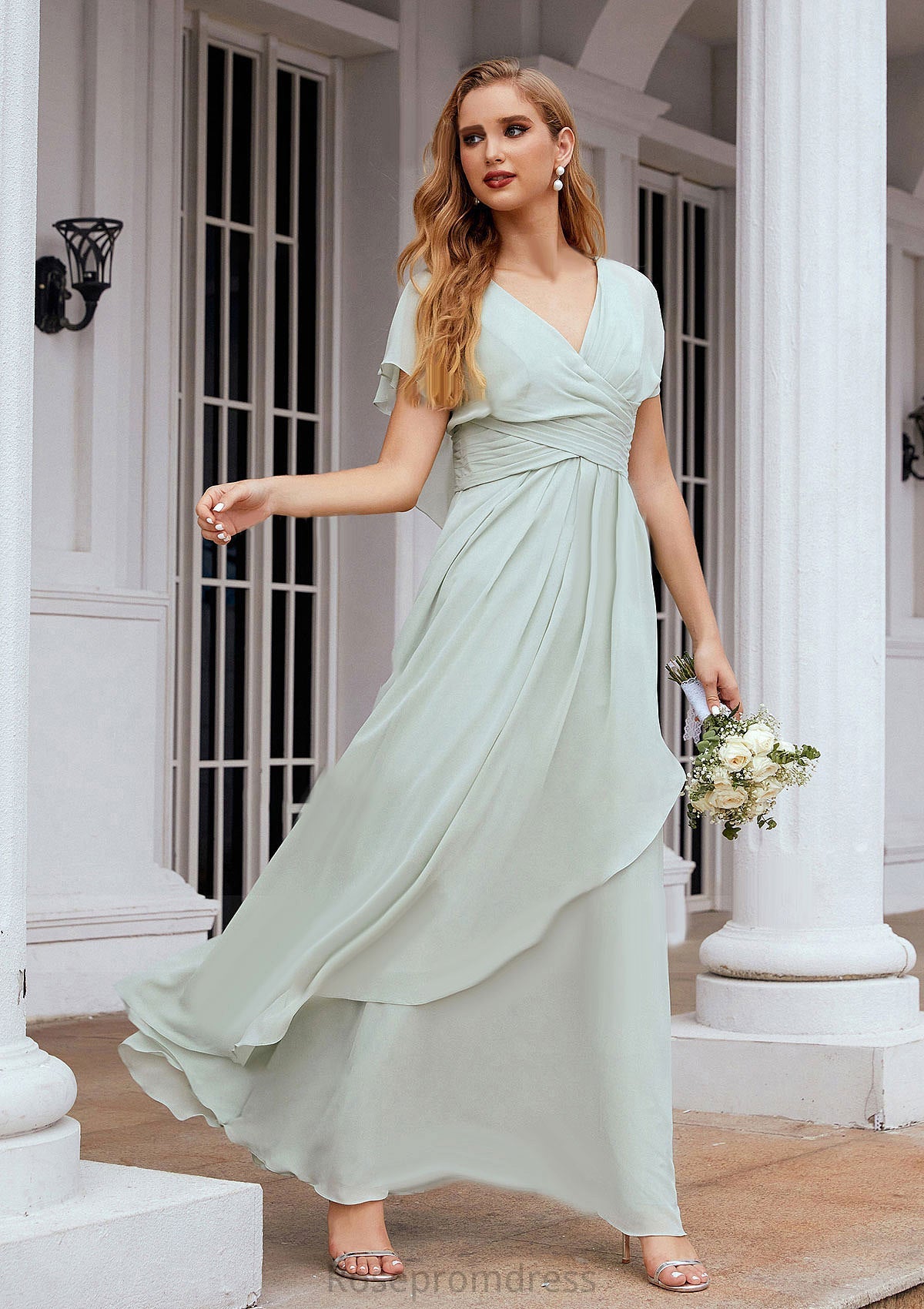 A-line V Neck Short Sleeve Chiffon Long/Floor-Length Bridesmaid Dresses With Pleated Ruffles Beryl SRSP0025626