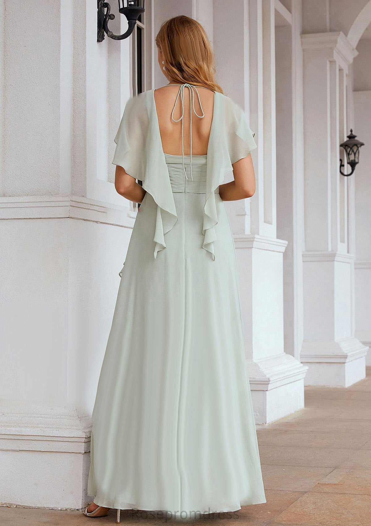 A-line V Neck Short Sleeve Chiffon Long/Floor-Length Bridesmaid Dresses With Pleated Ruffles Beryl SRSP0025626