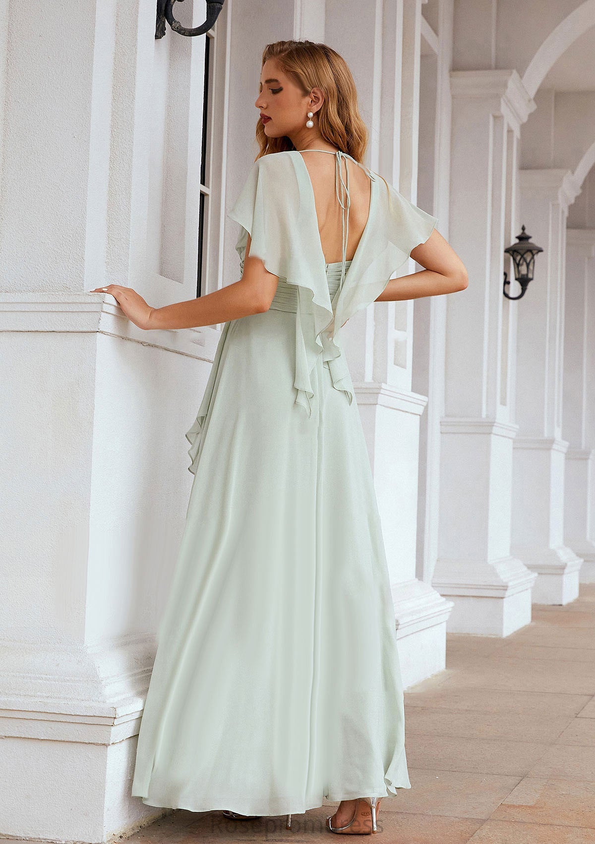 A-line V Neck Short Sleeve Chiffon Long/Floor-Length Bridesmaid Dresses With Pleated Ruffles Beryl SRSP0025626