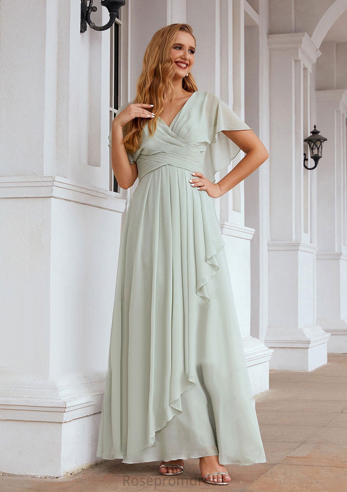 A-line V Neck Short Sleeve Chiffon Long/Floor-Length Bridesmaid Dresses With Pleated Ruffles Beryl SRSP0025626