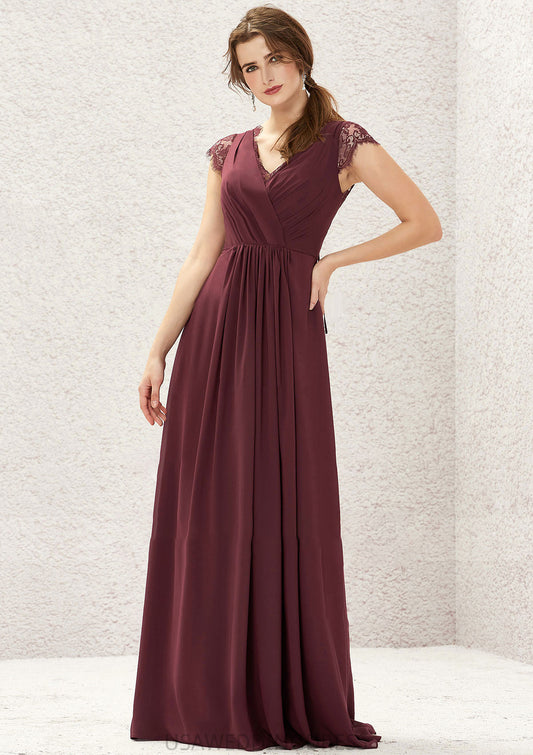 A-line V Neck Sleeveless Chiffon Long/Floor-Length Bridesmaid Dresses With Pleated Lace Liz DSP0025627