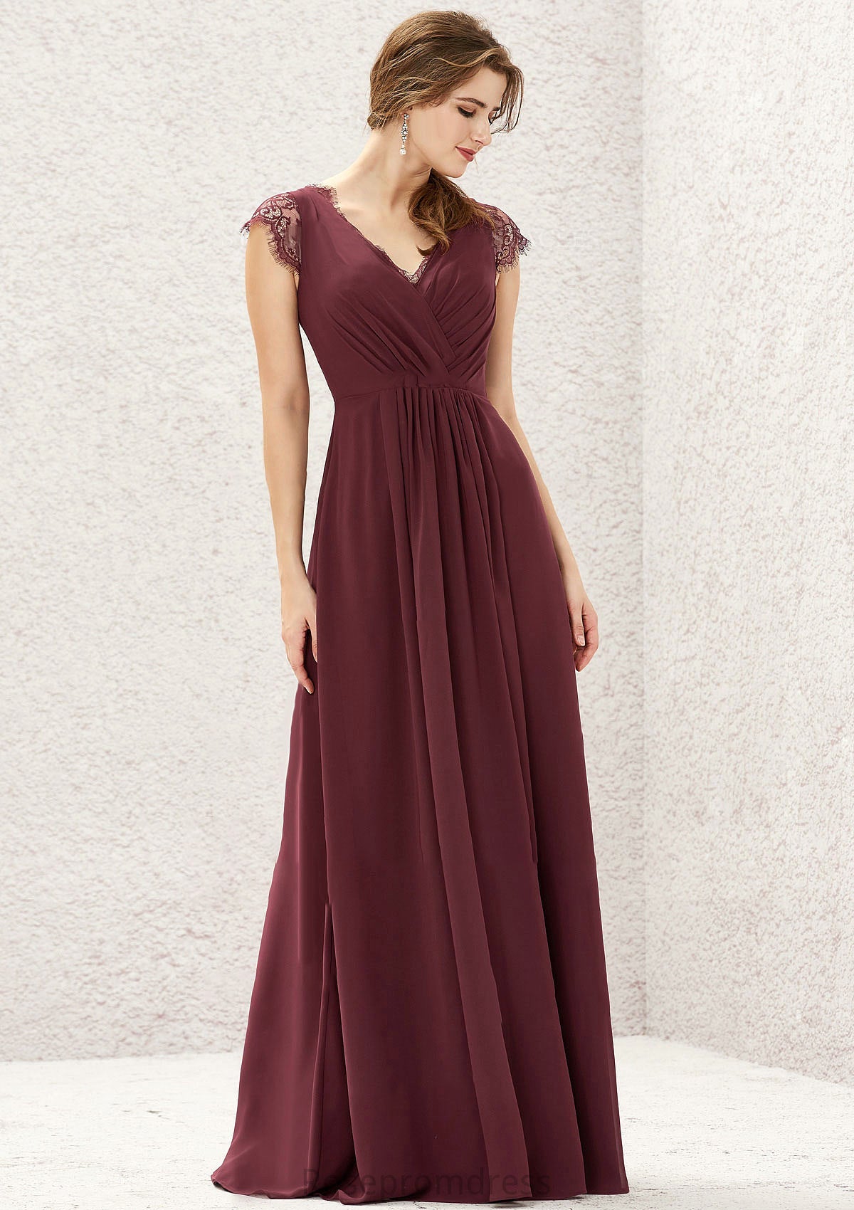 A-line V Neck Sleeveless Chiffon Long/Floor-Length Bridesmaid Dresses With Pleated Lace Mckenna SRSP0025627