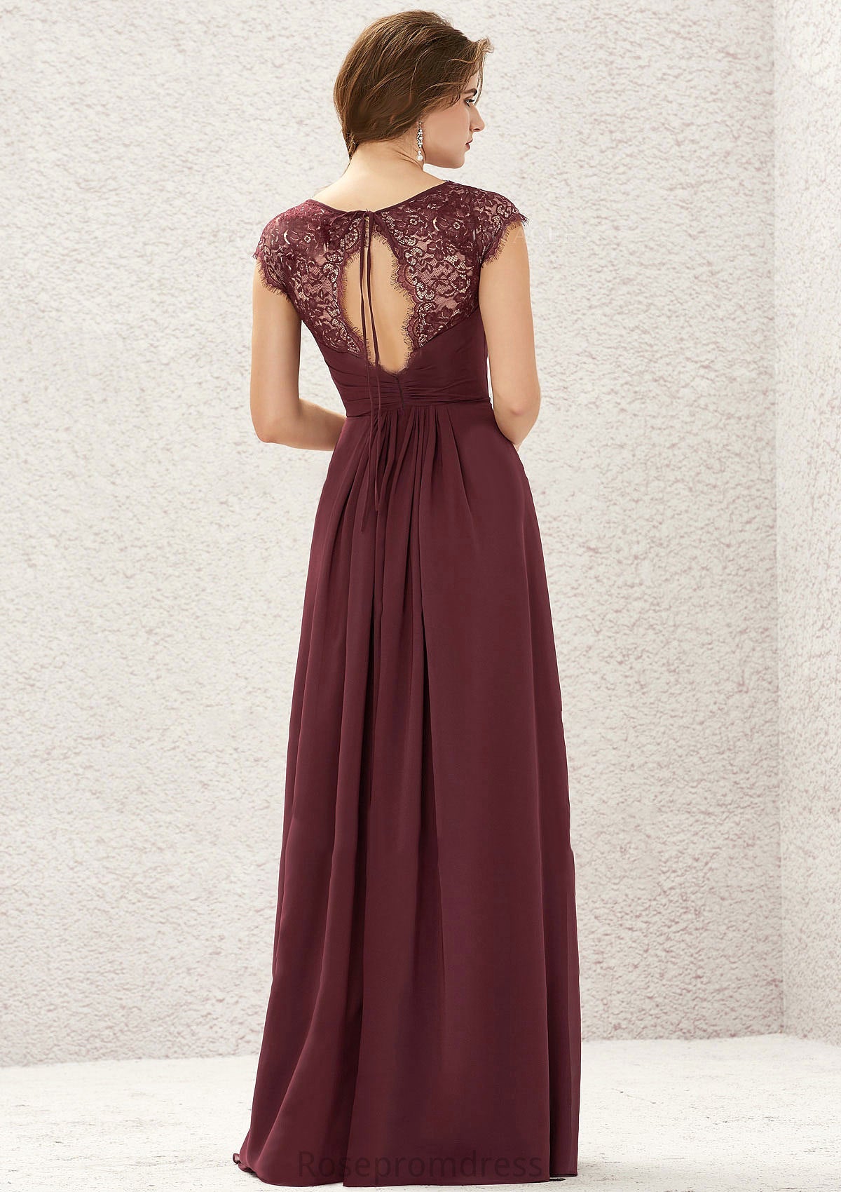 A-line V Neck Sleeveless Chiffon Long/Floor-Length Bridesmaid Dresses With Pleated Lace Mckenna SRSP0025627