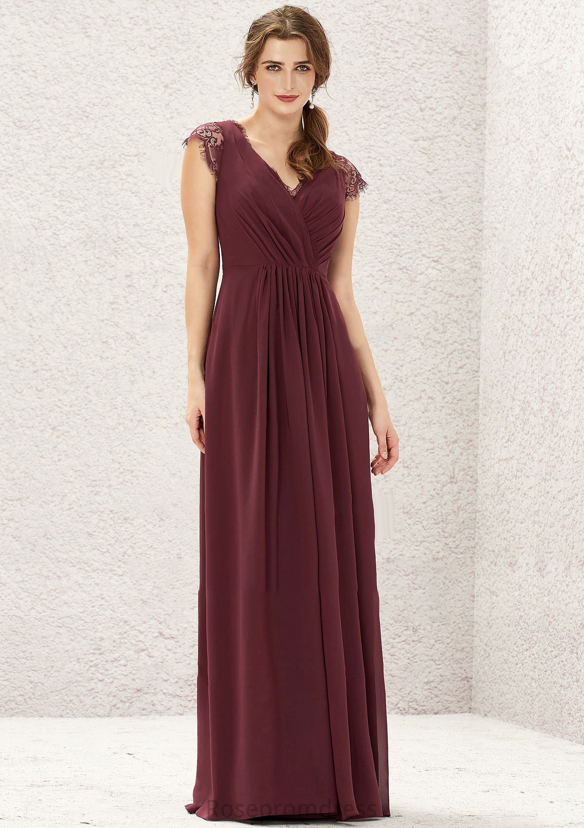 A-line V Neck Sleeveless Chiffon Long/Floor-Length Bridesmaid Dresses With Pleated Lace Mckenna SRSP0025627