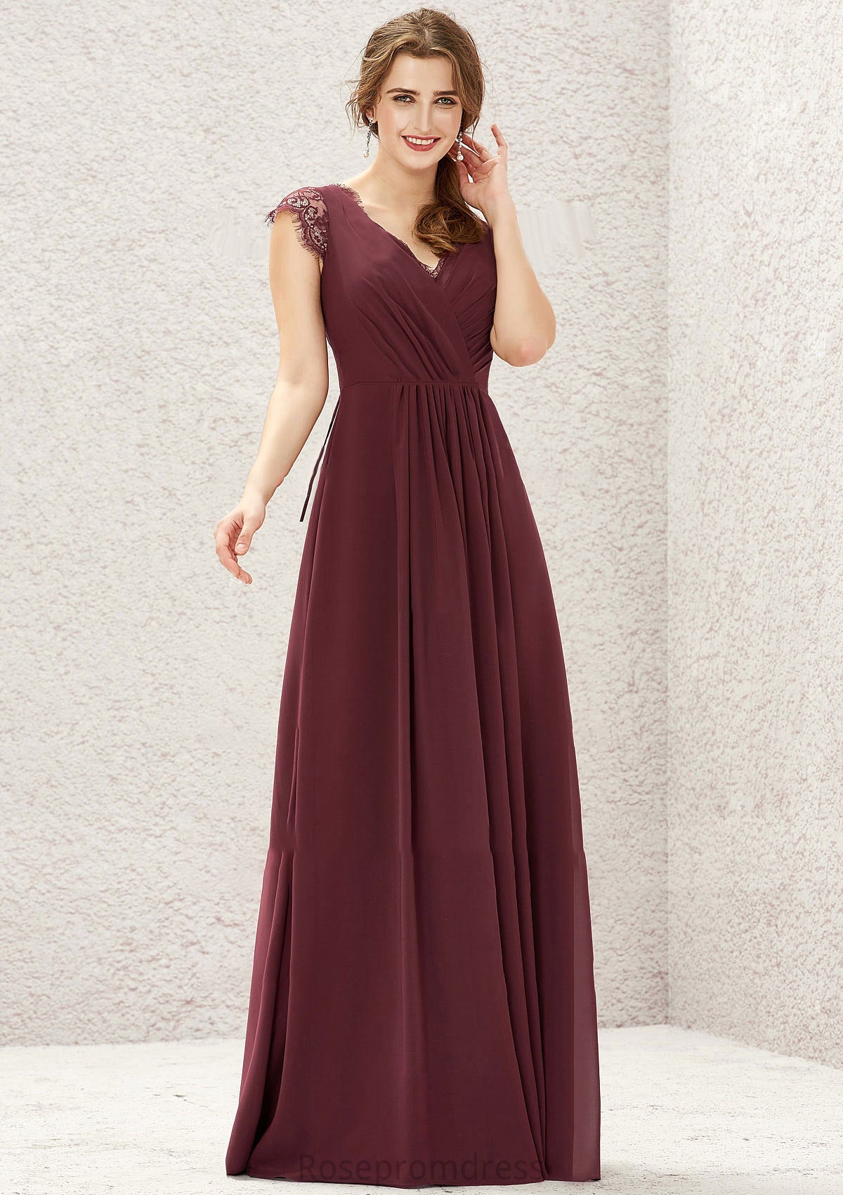 A-line V Neck Sleeveless Chiffon Long/Floor-Length Bridesmaid Dresses With Pleated Lace Mckenna SRSP0025627