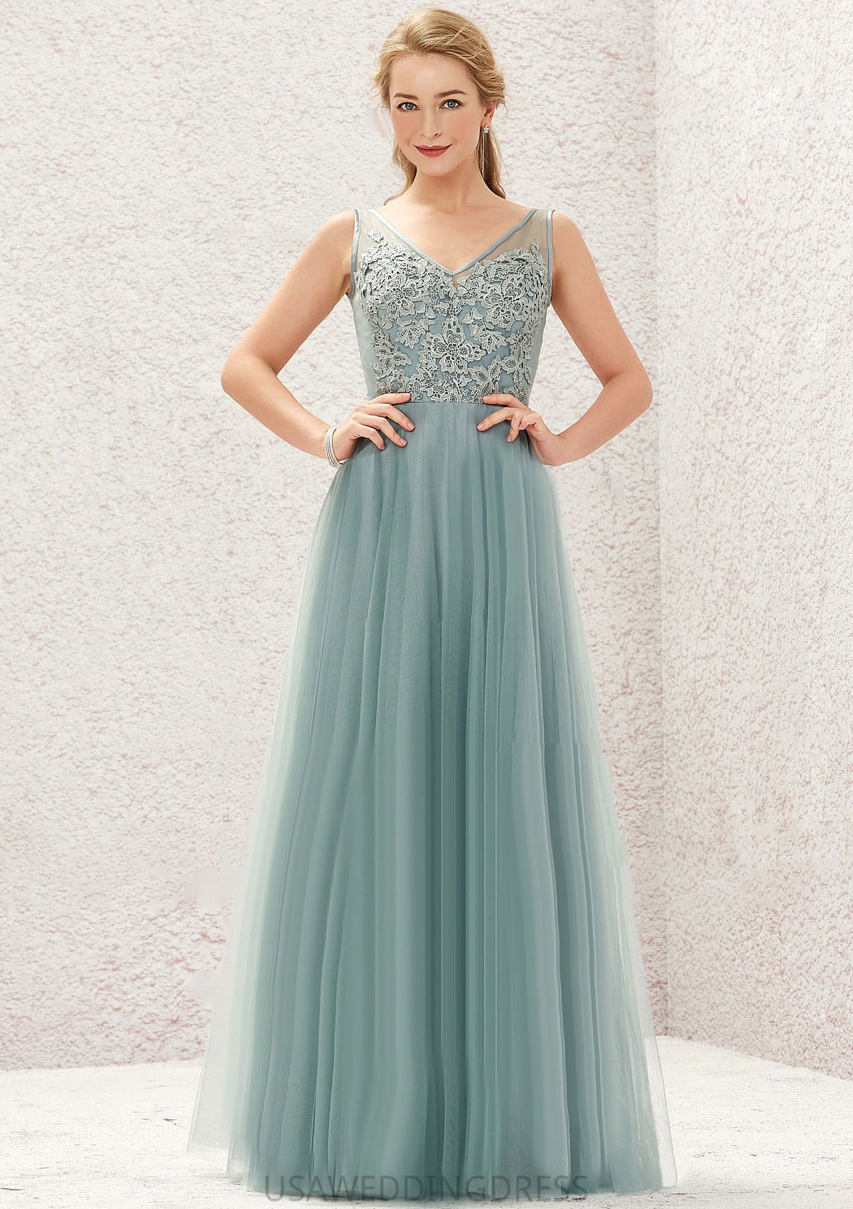 A-line V Neck Sleeveless Tulle Long/Floor-Length Bridesmaid Dresses With Lace Marisa DSP0025628